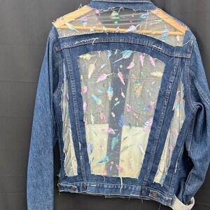 Repurposed Embroidered Feather Mesh Back Denim Jacket - by Jagged Threads